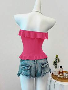 Elamini Top bandeau con volantes sexy para mujeres - Rosa Fucsia - Ver 2