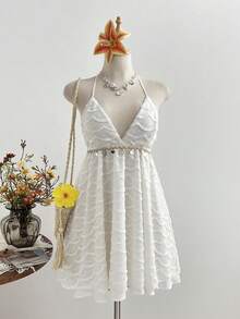 Elamini Women's Apricot Fringe V-Neck Halter Shell Dress, Versatile For Beach Vacation Outfit - White - View 5