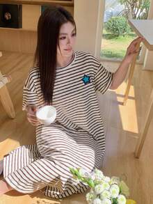 Dazy Plus Cute Striped Pattern Print Loose Fit Plus Size Women Long Nightgown - Khaki - View 8