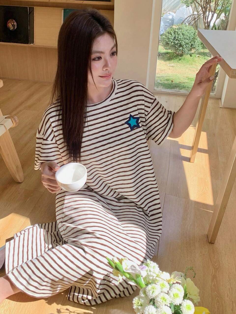 Dazy Plus Cute Striped Pattern Print Loose Fit Plus Size Women Long Nightgown