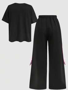 SHEIN 少女休闲宽松舒适圆领短袖T恤和裤子套装 - 黑色 - 查看 6