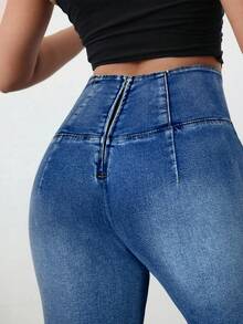 SHEIN Tall 女士休闲高腰喇叭水洗牛仔裤 - 淺色水洗藍 - 查看 5