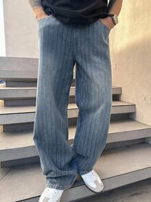 DAZY Quần jeans nam cạp chun màu xanh dương trơn, chất liệu vải sọc, kiểu dáng mùa xuân. - Màu xanh lam - Xem 5