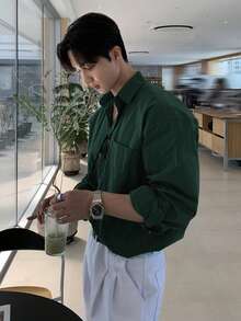 DAZY 男士绿色纽扣前开襟休闲百搭长袖衬衫，春季 - 綠色 - 查看 2