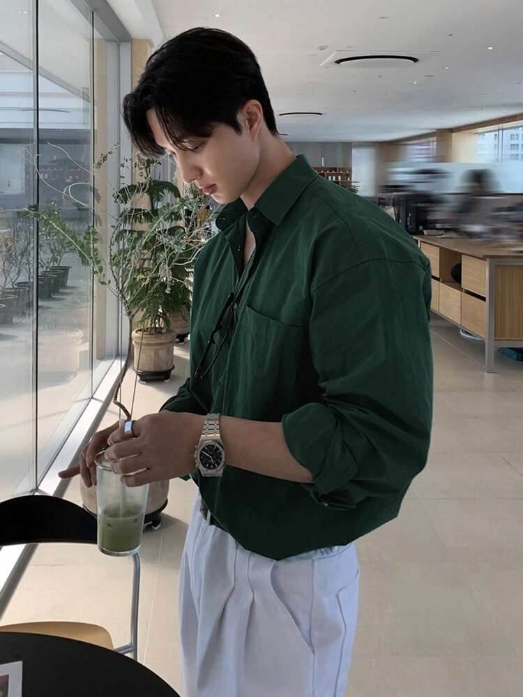 Men's Green Button-Front Casual Versatile Long Sleeve Shirt, Spring