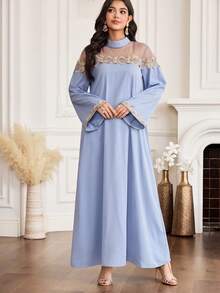 Yasmyna 女士立领喇叭袖复古网纱拼接宽松优雅阿拉伯连衣裙 - 藍色 - 查看 3