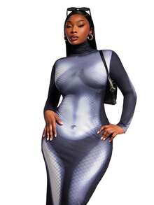 SHEIN SXY 大码时尚性感印花高领修身长裙 - 彩色 - 查看 5