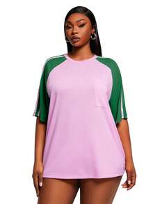 SHEIN SXY Áo thun nữ cỡ lớn cổ tròn tay raglan phối màu tương phản dáng rộng thoải mái - Nhiều màu - Xem 4