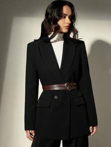 Aveloria Modichic Women's Lapel Collar Loose Long Sleeve Blazer Jacket With Dual Waist Belts - Black - View 3