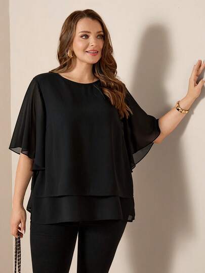 Comfylo Plus Size Women Solid Color Round Neck Casual Versatile Daily Wear Shirt Black Tops Black Blouse Casual Outfit For Women Casual Blouse For Women Vacation Outfits Women Beach Vacation Outfits For Women Holiday Outfits Curve Plus Plus Size Blouses Beach Outfits For Women Easter Spring Outfit Women Summer Outfits Plus Size Women Clothes Blouse Sheer Top Plus Size