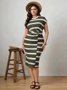 Zelara Striped Waist Knot Hem Slit Fitted Casual Dress - Multicolor - View 7
