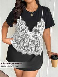 Lounesse Plus Size Elegant Lace Patchwork Round Neck Short Sleeve T-Shirt - Black - View 1