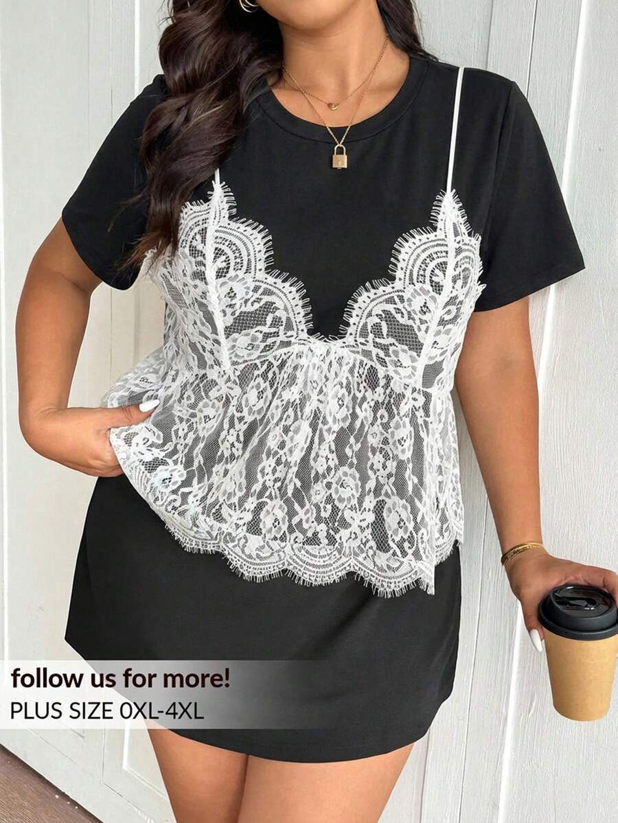 Lounesse Plus Size Elegant Lace Patchwork Round Neck Short Sleeve T-Shirt - Black - View 1