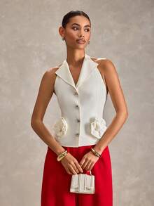 RueChic Women, Spring, Summer, White Sleeveless Tailored Blazer Vest With Rosette Waist - Elegant Structured Peplum Waist, 3‑Button Front, Fitted Silhouette, Bridal & Cocktail Jacket, Wedding Guest & Evening Wear, Office To Event Statement Vest, Luxury Crepe/Lined Fabric, Breathable Stretch, Sleek Notched Lapel, Designer Look - White - View 5