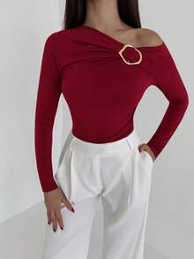 Aloruh 酒红色不对称领针织长袖T恤，女士休闲风格，扭结细节设计，红色不对称肩部上衣 - 酒紅色 - 查看 7