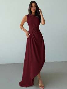Firerie 女士夏季新款优雅简约毕业/婚礼宾客连衣裙，红色无袖圆领，腰部褶裥，刺绣花卉装饰，不对称下摆长款针织连衣裙 - 酒紅色 - 查看 5