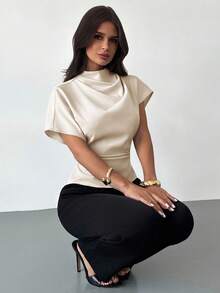 Firerie Crinkle Collar Asymmetric Sleeve Side Ruched Waist Slim Fit Apricot Bamboo Linen Fabric Blouse For Women, All Season - Beige - View 2