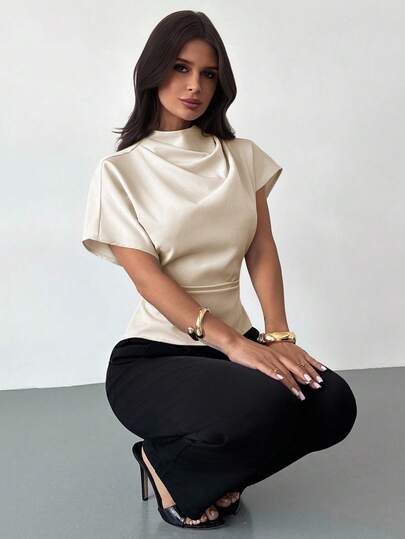 Firerie Blouse en lin de bambou abricot à col froissé, manches asymétriques, taille froncée, coupe slim, pour toutes les saisons
