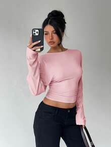 Aloruh Women's Autumn/Winter Bat Wing Long Sleeve Fitted T-Shirt - Pink - View 6