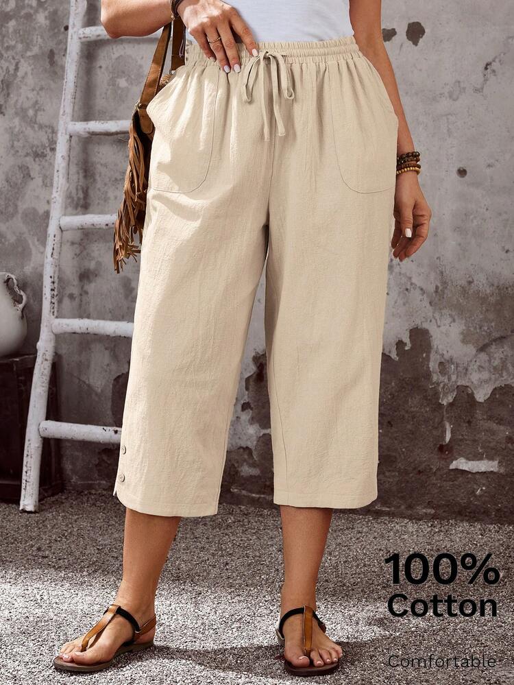 Plus Size Women's Summer Casual Vacation Country Linen Color Solid 7/8 Pants With Pockets, Spring/Summer/Vacation,Summer Holiday,Spring Break, Vacation Women, Holiday For Women,Going Out,2026 New,Simple And Fashionable For Everyday Wear,Suitable For Summer, Vacation,Daily Wear, Women Wide Leg Capri Pants, Women's Capri Pants, Women Summer Pants