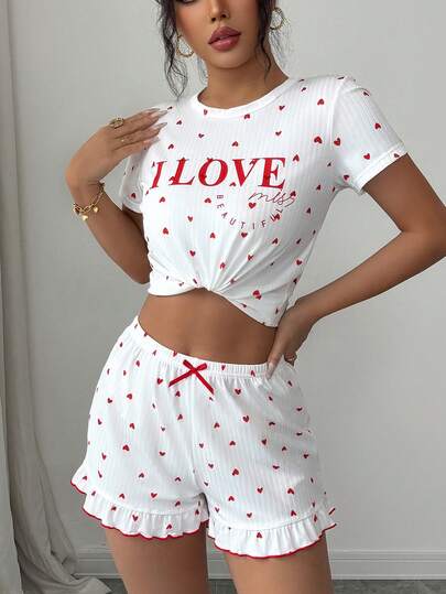 SHEIN 爱心印花短袖短裤舒适睡衣套装