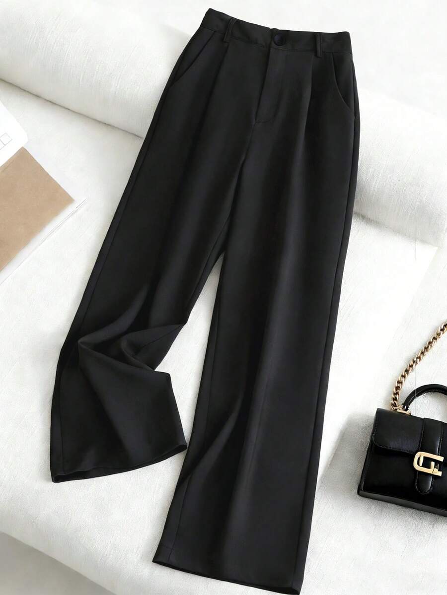 SHEIN PETITE Women's Button Waist Band Straight Loose Casual Dress Pants - Black - View 1