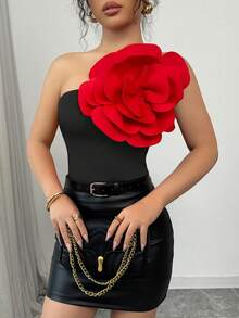 Selianne 新款红色纯色3D立体花卉斜领单肩吊带修身优雅露背针织上衣，适合女士春秋季新年穿着 - 紅色和黑色 - 查看 7