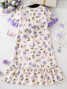 Teen Girl Short Sleeve Round Neck Digital Print Purple Floral, Comfortable Home Dress With Purple Ruffle Hem Design - Apricot - View 2