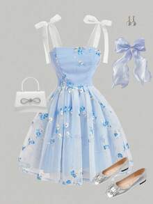 SHEIN Girlism Sky Blue Kids Teen Girl Summer Elegant Party Dress,Floral Embroidery Netting Boho Mesh,Knot Sleeveless Straps Regular Fit Short Graduation Dresses - Blue - View 1