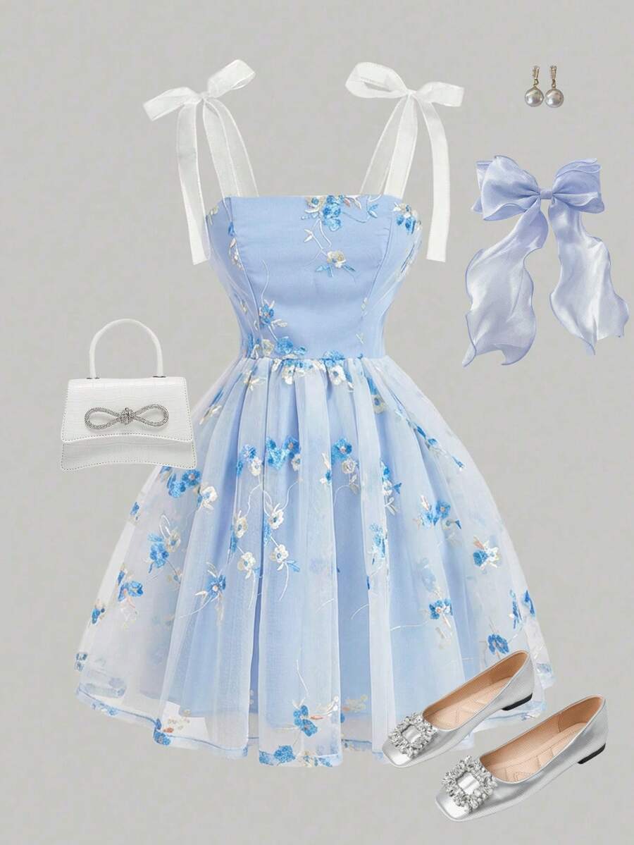 SHEIN Girlism Sky Blue Kids Teen Girl Summer Elegant Party Dress,Floral Embroidery Netting Boho Mesh,Knot Sleeveless Straps Regular Fit Short Graduation Dresses - Blue - View 1