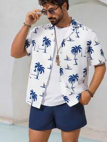 Manfinity KASUA Bộ đồ đi biển cỡ lớn dành cho nam giới, gồm áo sơ mi ngắn tay và quần short in hình cây cọ. - Màu xanh hải quân - Xem 7