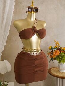 Swim SXY Bộ 3 món màu trơn phối kim loại, áo quây bất đối xứng, quần cạp cao và chân váy xếp ly, đồ bơi gợi cảm cho nữ, thích hợp cho mùa xuân/hè. - Cà phê nâu - Xem 3