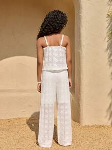 Tween Girls' 3D Bow Hollow Out Camisole & Pants Set, Fashionable Vacation & Casual Wear, Summer - White - View 2
