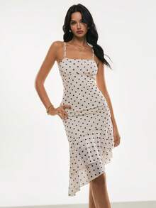 Poéselle 女士波点印花褶皱不对称荷叶边下摆时尚吊带连衣裙 - 米色 - 查看 4