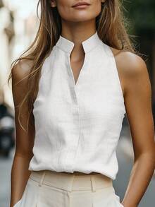 Balvessa Women's Sleeveless Mandarin Collar Linen-Like Tank Top, Versatile And Slimming For Commuting - White - View 3
