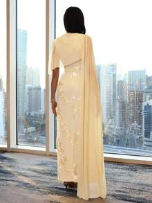 Modelyn New Design Asymmetric Sleeve Elegant Embroidered Cinched Waist Romantic Luxurious Party & Holiday Dress - Pale Yellow - View 8