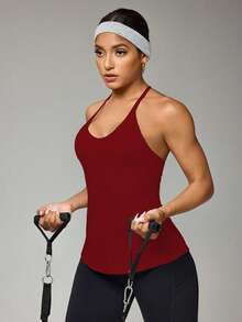 Easithlete 女式纯色日常健身挂脖背心 - 紅色 - 查看 5