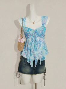 SHEIN ICON 女士碎花不对称下摆可爱碎花衬衫，甜美夏秋上衣女装 - 藍色 - 查看 5