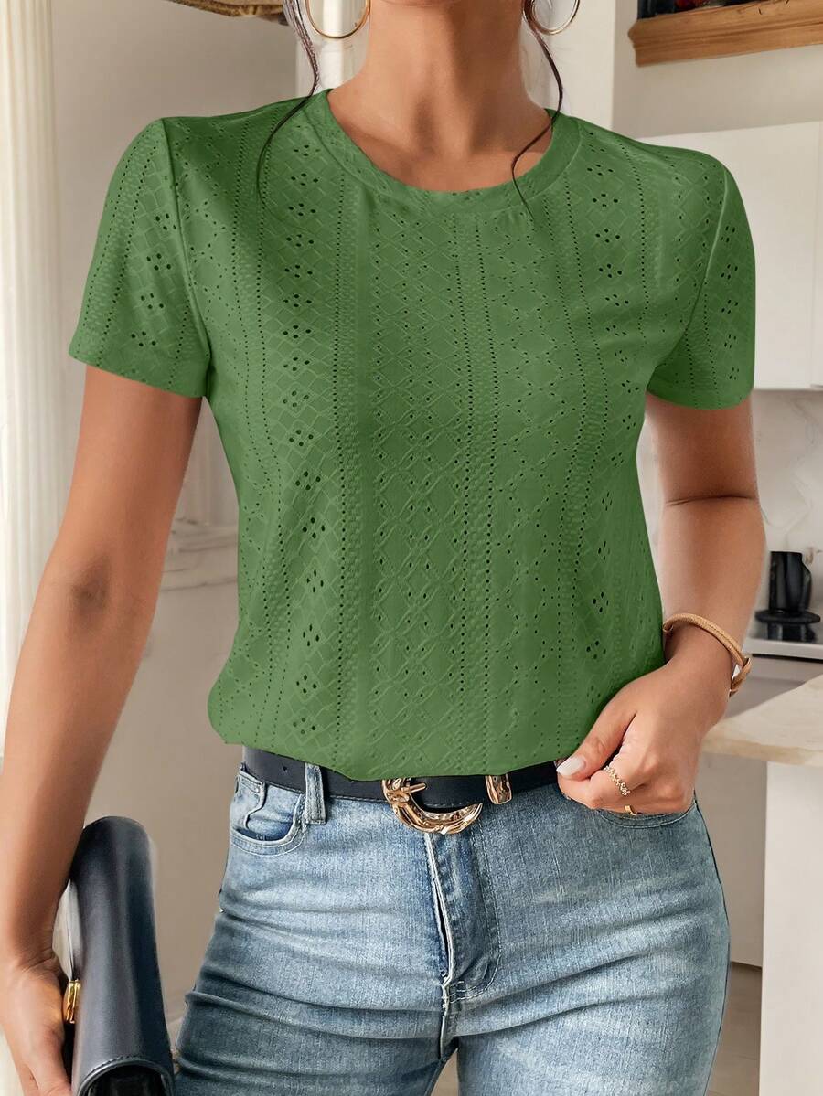 SHEIN Frenchy Solid Eyelet Embroidery Round Neck Tee - Green - View 1