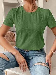 SHEIN Frenchy Solid Eyelet Embroidery Round Neck Tee - Green - View 3