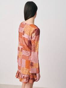 Nöista Print Dress, Mini Dress, Long Sleeve, Draped Neckline, Cowl Neck, Ruffled Hem, Flared Cuffs, Baby Overlock Finish Spring, Summer. - Multicolor - View 2