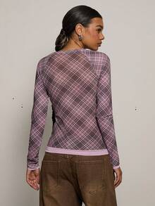 COUREZ 长袖格纹网纱上衣 / Y2K 冬季外出穿搭 性感外出穿搭 夜间外出穿搭 性感 - 摩卡棕 - 查看 2