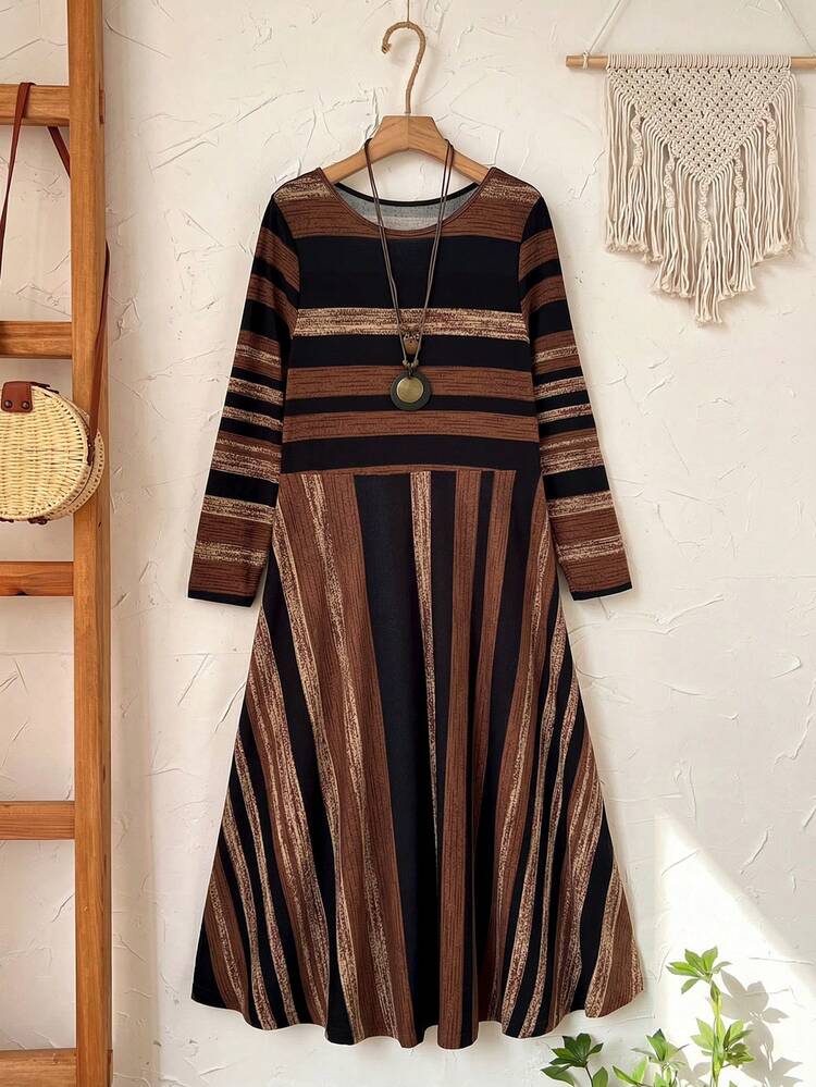 Plus Size Casual Color Block Striped Dress, Autumn  Stylish Clothing Collection Elegant Party Clothes For New Year Christmas Clothes For Women  Winter Clothes For Women Earth Tone Dress