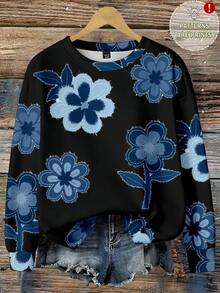 EMERY ROSE Plus Size Women Floral Print Denim-Look Crew Neck Long Sleeve Casual Loose Sweatshirt - Multicolor - View 1
