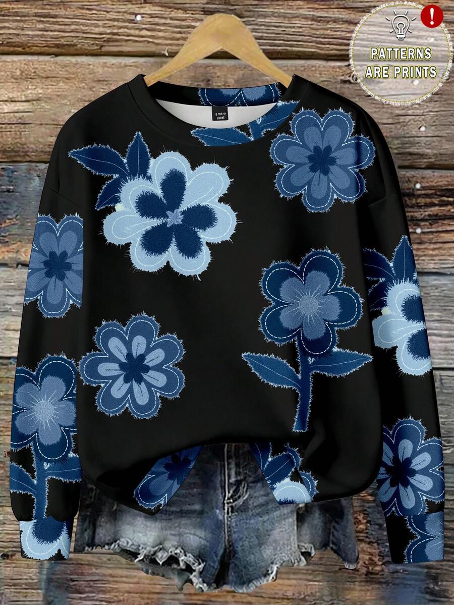 EMERY ROSE Plus Size Women Floral Print Denim-Look Crew Neck Long Sleeve Casual Loose Sweatshirt - Multicolor - View 1