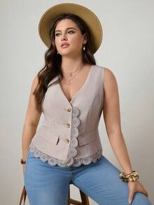 Zelara Plus Size Solid Color Lace Patchwork V-Neck Front Button Sleeveless Vest - Apricot - View 2
