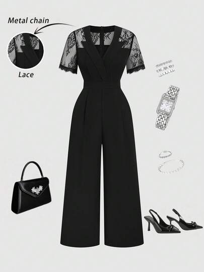 SHEIN Clasi CURVE Plus Size Black Lace Patchwork High Waist Wide Leg Jumpsuit