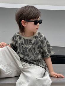DAZY 男童全印花圆领短袖休闲做旧宽松T恤 - 灰色 - 查看 1
