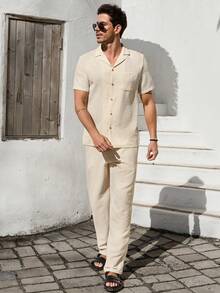 VIVINTIMO 2pcs Men's Solid Color Pocket Front Button Short Sleeve Shirt And Drawstring Long Pants Casual Set, Cozy Outfits - Beige - View 3