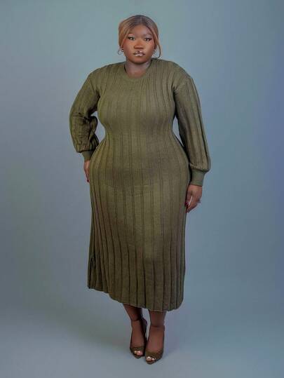 CurvyTilda Plus Size Women Crew Neck Long Knitted Sweater Dress, Thermal Comfort Layer Or Casual Outerwear, Versatile For Commute And Daily Wear, Autumn/Winter, Apricot Fall